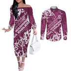 Personalized Manly Warringah Sea Eagles Rugby Couples Matching Off The Shoulder Long Sleeve Dress and Long Sleeve Button Shirt Urban Street Graffiti Style - Distressed Splatter Elements