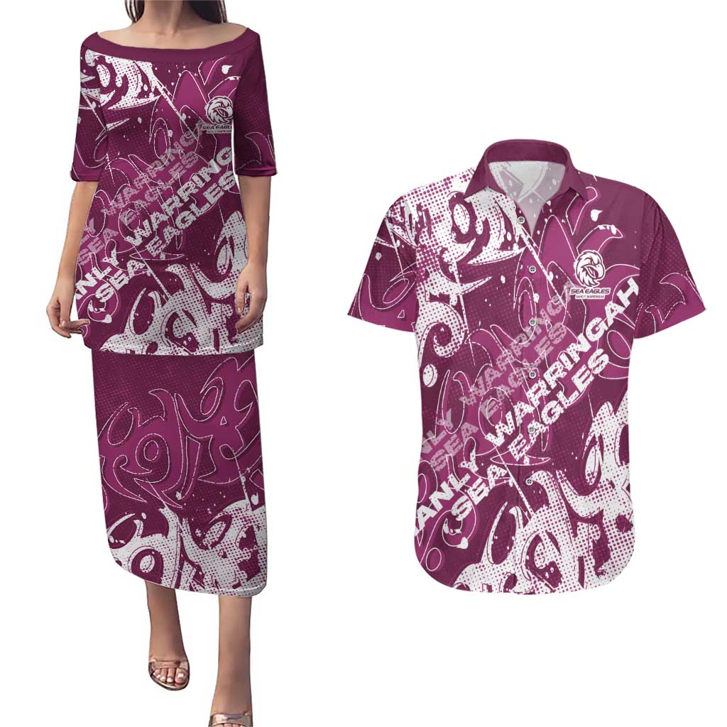 Personalized Manly Warringah Sea Eagles Rugby Couples Matching Puletasi and Hawaiian Shirt Urban Street Graffiti Style - Distressed Splatter Elements