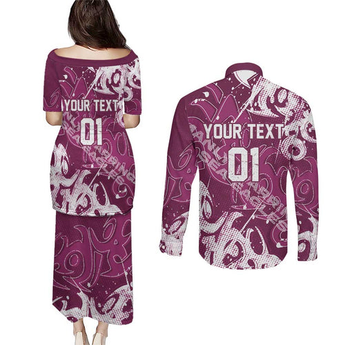 Personalized Manly Warringah Sea Eagles Rugby Couples Matching Puletasi and Long Sleeve Button Shirt Urban Street Graffiti Style - Distressed Splatter Elements