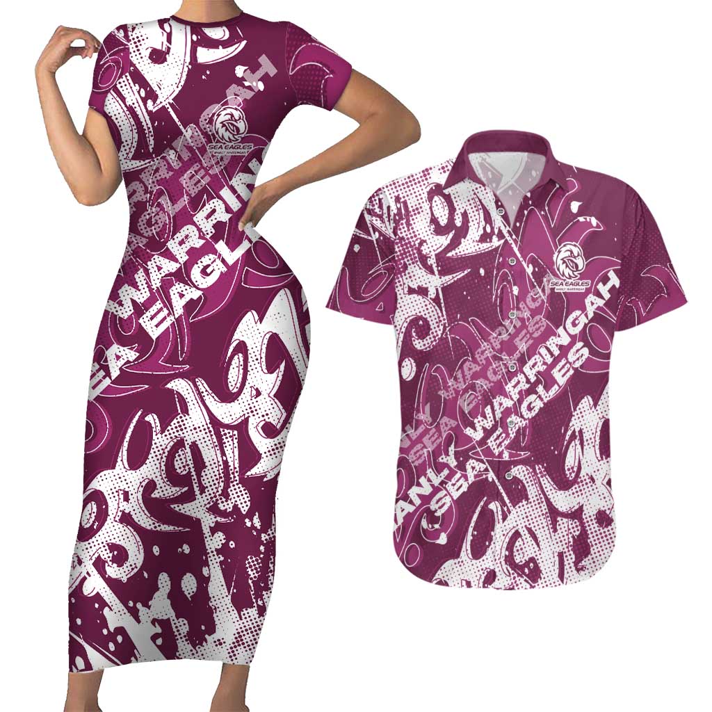 Personalized Manly Warringah Sea Eagles Rugby Couples Matching Short Sleeve Bodycon Dress and Hawaiian Shirt Urban Street Graffiti Style - Distressed Splatter Elements