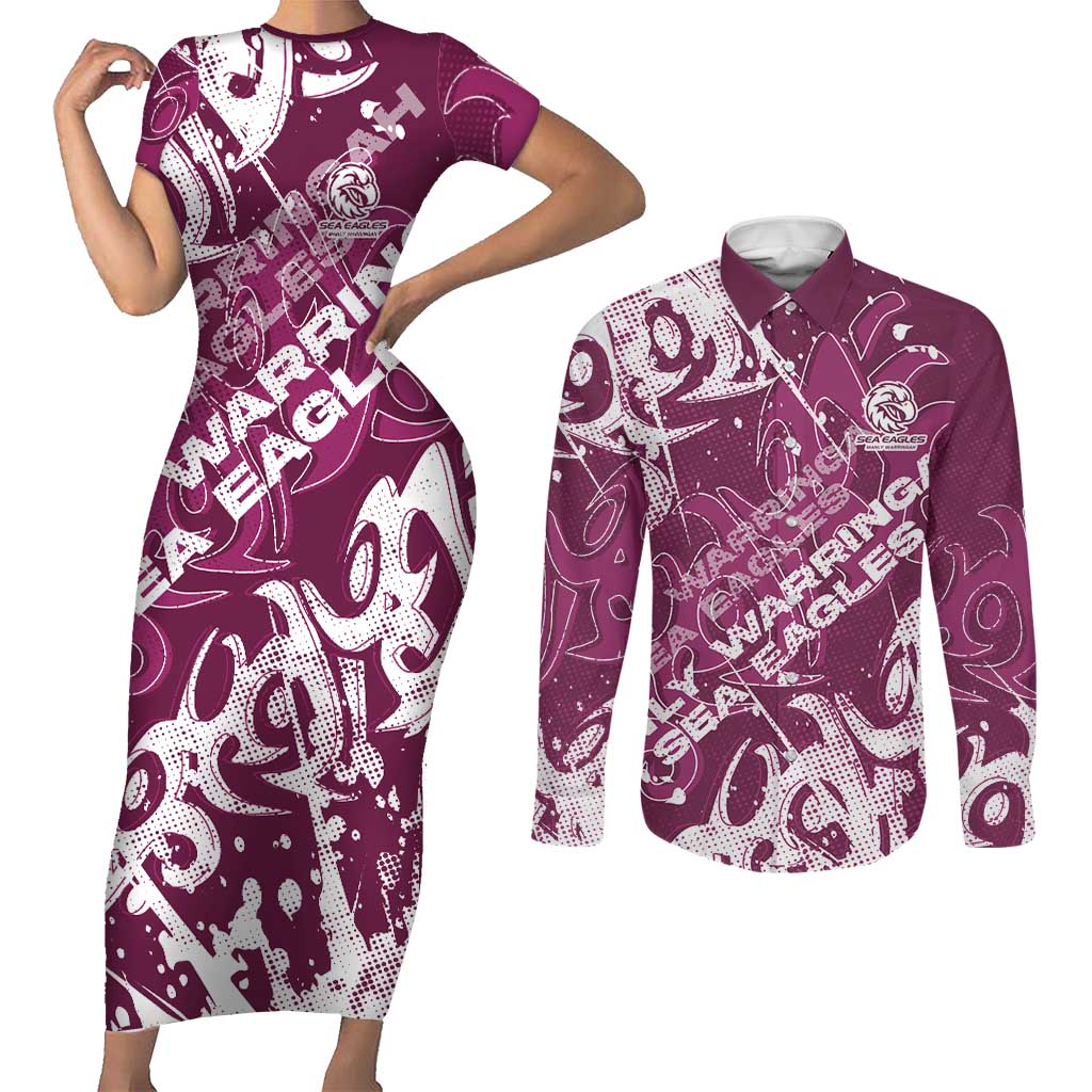 Personalized Manly Warringah Sea Eagles Rugby Couples Matching Short Sleeve Bodycon Dress and Long Sleeve Button Shirt Urban Street Graffiti Style - Distressed Splatter Elements