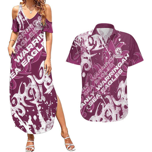 Personalized Manly Warringah Sea Eagles Rugby Couples Matching Summer Maxi Dress and Hawaiian Shirt Urban Street Graffiti Style - Distressed Splatter Elements