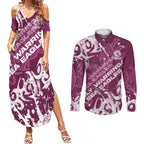 Personalized Manly Warringah Sea Eagles Rugby Couples Matching Summer Maxi Dress and Long Sleeve Button Shirt Urban Street Graffiti Style - Distressed Splatter Elements