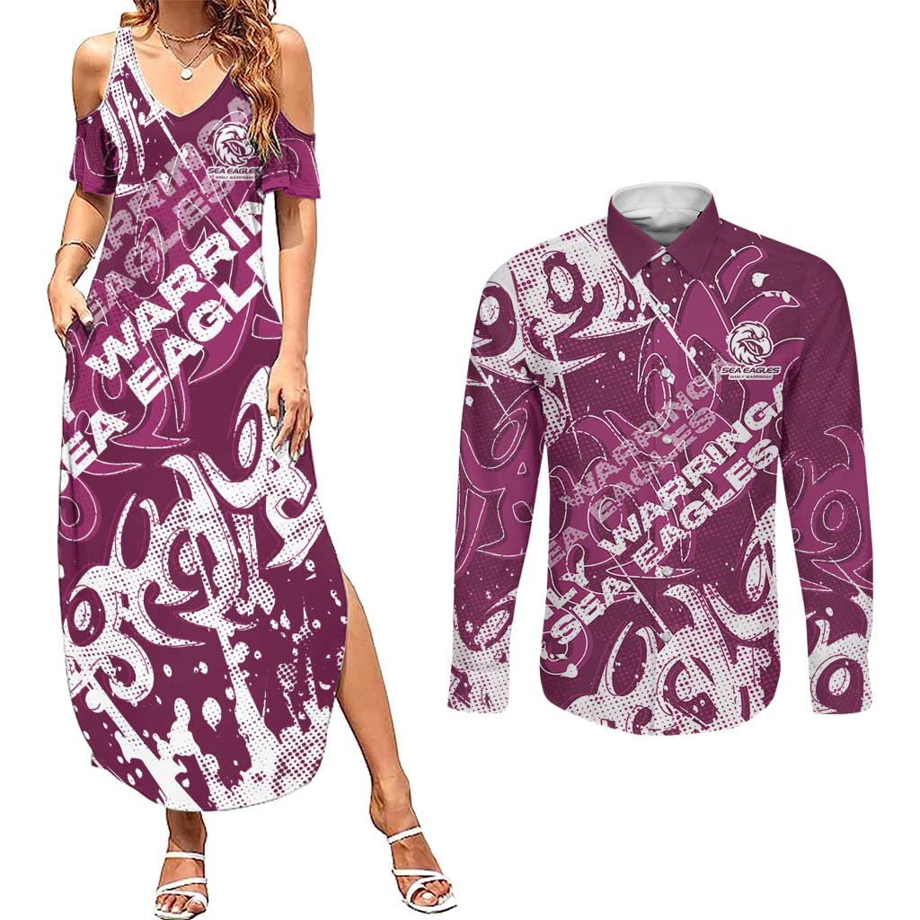 Personalized Manly Warringah Sea Eagles Rugby Couples Matching Summer Maxi Dress and Long Sleeve Button Shirt Urban Street Graffiti Style - Distressed Splatter Elements