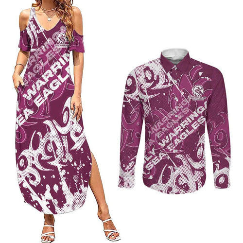 Personalized Manly Warringah Sea Eagles Rugby Couples Matching Summer Maxi Dress and Long Sleeve Button Shirt Urban Street Graffiti Style - Distressed Splatter Elements