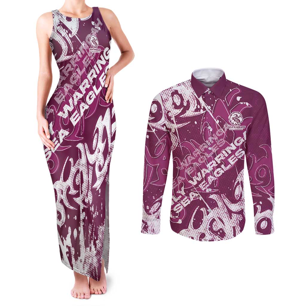 Personalized Manly Warringah Sea Eagles Rugby Couples Matching Tank Maxi Dress and Long Sleeve Button Shirt Urban Street Graffiti Style - Distressed Splatter Elements