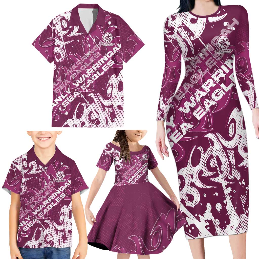 Personalized Manly Warringah Sea Eagles Rugby Family Matching Long Sleeve Bodycon Dress and Hawaiian Shirt Urban Street Graffiti Style - Distressed Splatter Elements