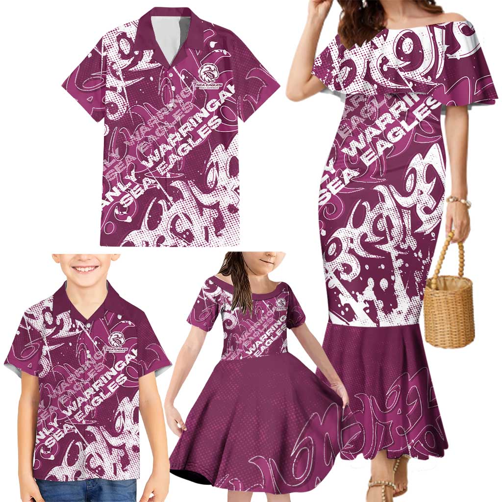 Personalized Manly Warringah Sea Eagles Rugby Family Matching Mermaid Dress and Hawaiian Shirt Urban Street Graffiti Style - Distressed Splatter Elements