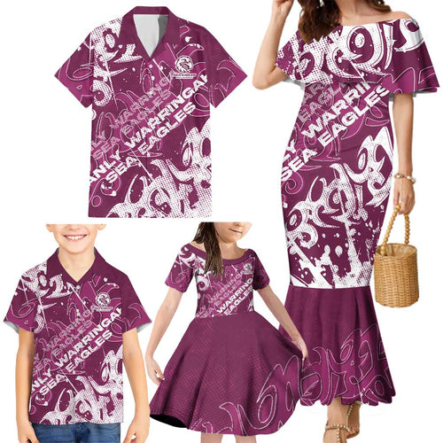 Personalized Manly Warringah Sea Eagles Rugby Family Matching Mermaid Dress and Hawaiian Shirt Urban Street Graffiti Style - Distressed Splatter Elements