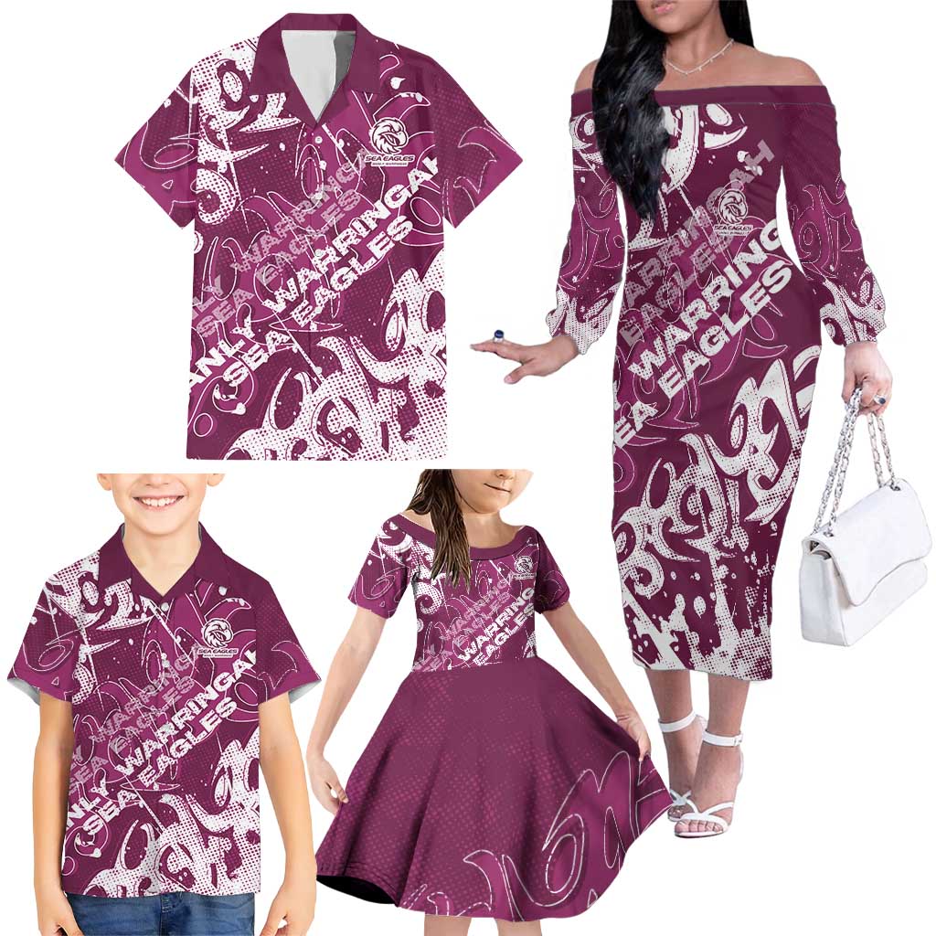 Personalized Manly Warringah Sea Eagles Rugby Family Matching Off The Shoulder Long Sleeve Dress and Hawaiian Shirt Urban Street Graffiti Style - Distressed Splatter Elements