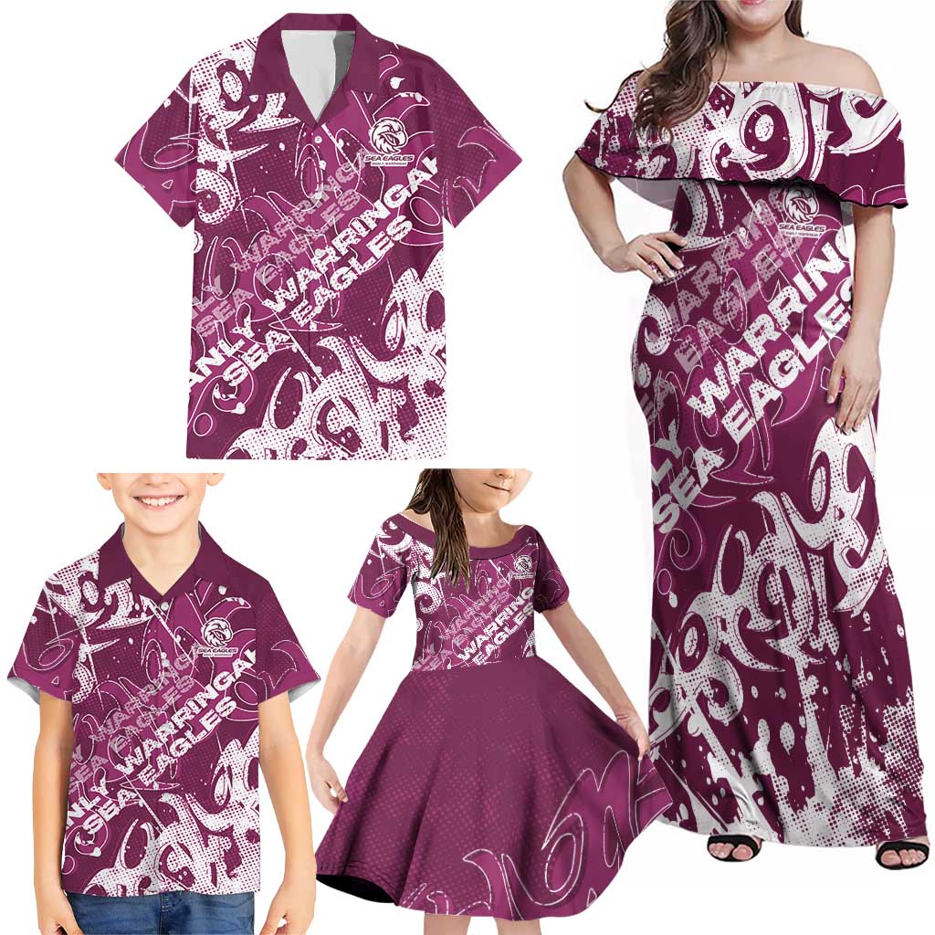 Personalized Manly Warringah Sea Eagles Rugby Family Matching Off Shoulder Maxi Dress and Hawaiian Shirt Urban Street Graffiti Style - Distressed Splatter Elements