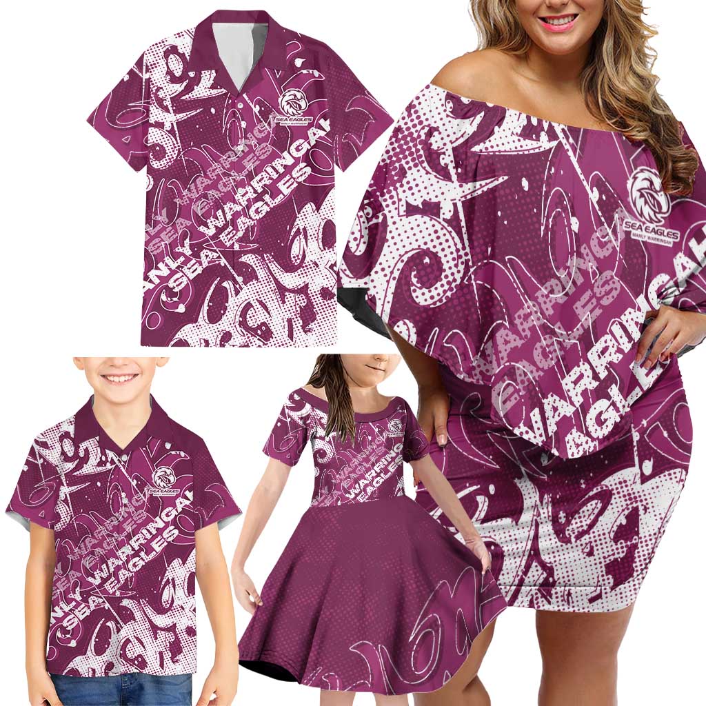 Personalized Manly Warringah Sea Eagles Rugby Family Matching Off Shoulder Short Dress and Hawaiian Shirt Urban Street Graffiti Style - Distressed Splatter Elements