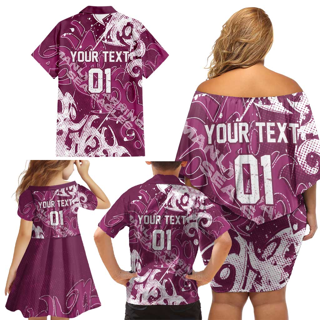 Personalized Manly Warringah Sea Eagles Rugby Family Matching Off Shoulder Short Dress and Hawaiian Shirt Urban Street Graffiti Style - Distressed Splatter Elements