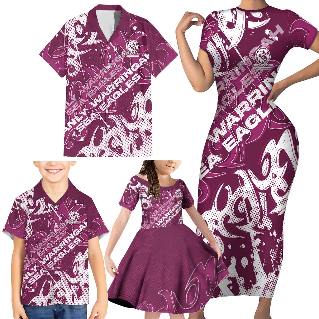 Personalized Manly Warringah Sea Eagles Rugby Family Matching Short Sleeve Bodycon Dress and Hawaiian Shirt Urban Street Graffiti Style - Distressed Splatter Elements