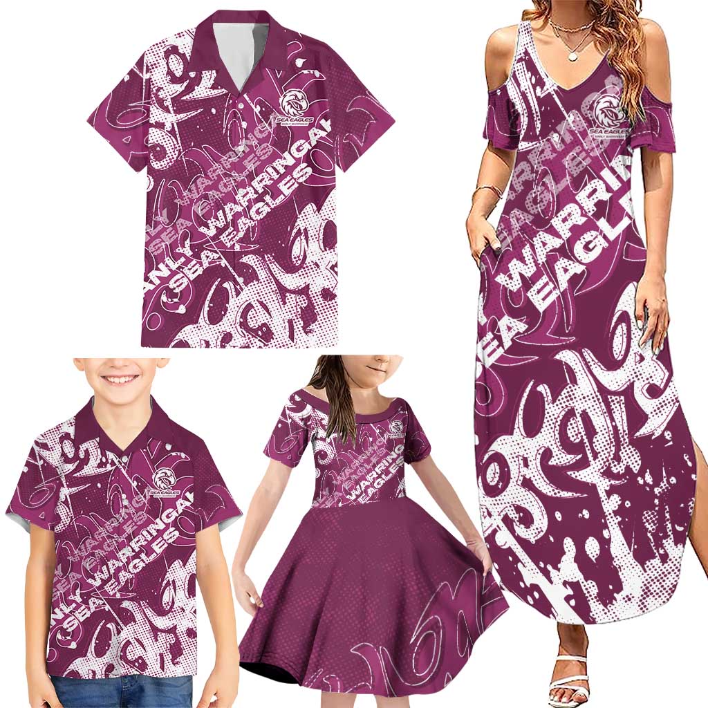 Personalized Manly Warringah Sea Eagles Rugby Family Matching Summer Maxi Dress and Hawaiian Shirt Urban Street Graffiti Style - Distressed Splatter Elements