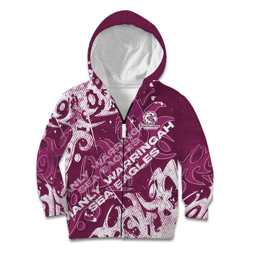 Personalized Manly Warringah Sea Eagles Rugby Kid Hoodie Urban Street Graffiti Style - Distressed Splatter Elements