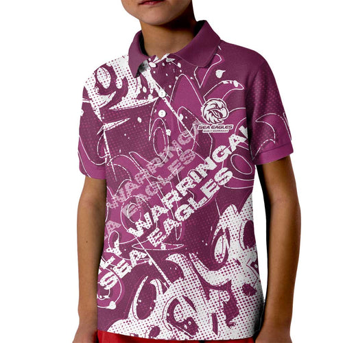 Personalized Manly Warringah Sea Eagles Rugby Kid Polo Shirt Urban Street Graffiti Style - Distressed Splatter Elements
