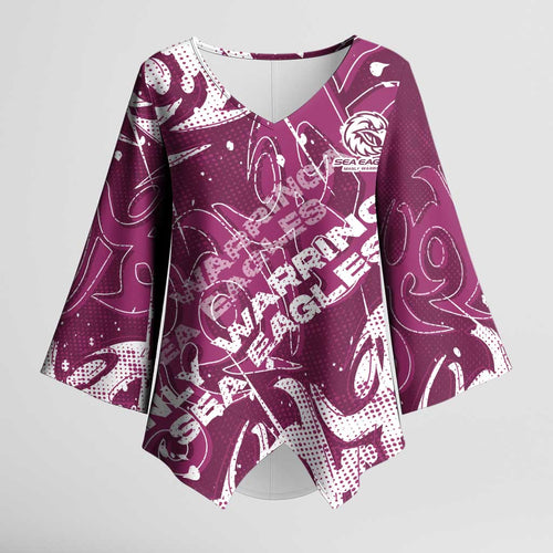 Personalized Manly Warringah Sea Eagles Rugby Kimono Sleeve Blouse Urban Street Graffiti Style - Distressed Splatter Elements