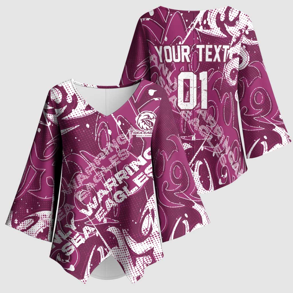 Personalized Manly Warringah Sea Eagles Rugby Kimono Sleeve Blouse Urban Street Graffiti Style - Distressed Splatter Elements