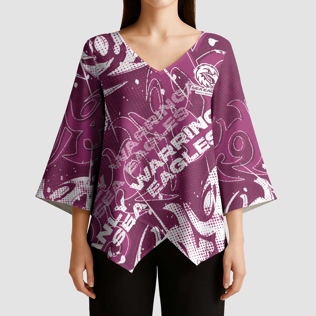 Personalized Manly Warringah Sea Eagles Rugby Kimono Sleeve Blouse Urban Street Graffiti Style - Distressed Splatter Elements
