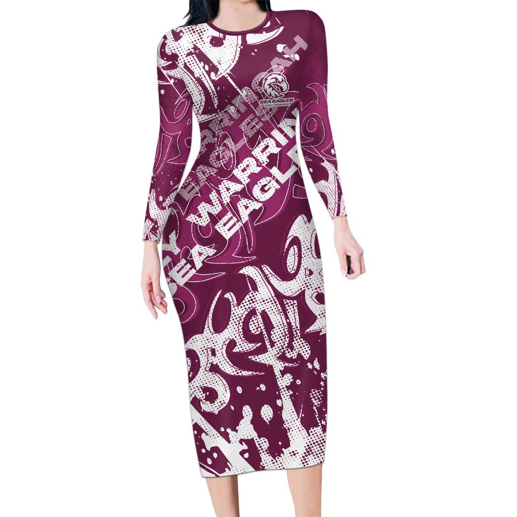 Personalized Manly Warringah Sea Eagles Rugby Long Sleeve Bodycon Dress Urban Street Graffiti Style - Distressed Splatter Elements