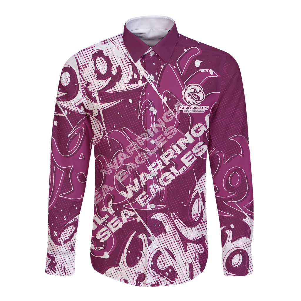 Personalized Manly Warringah Sea Eagles Rugby Long Sleeve Button Shirt Urban Street Graffiti Style - Distressed Splatter Elements