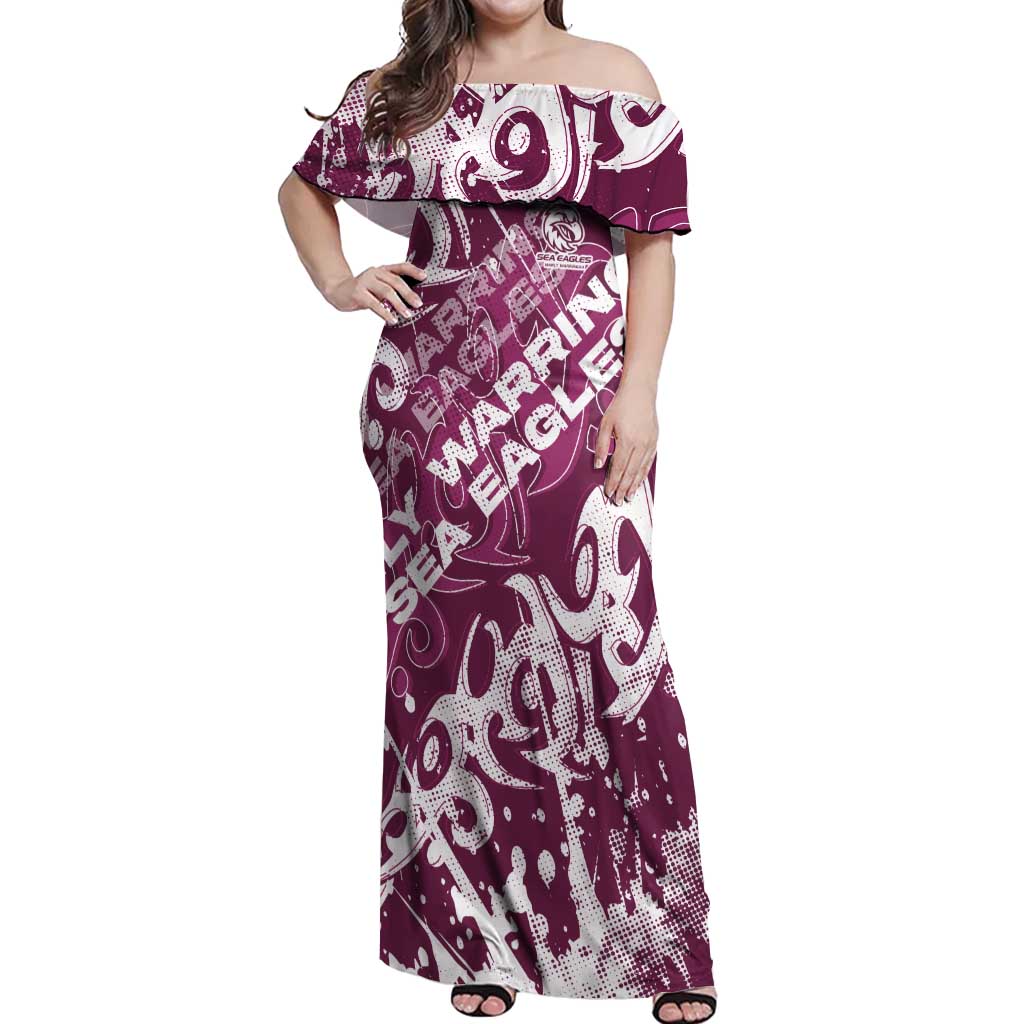 Personalized Manly Warringah Sea Eagles Rugby Off Shoulder Maxi Dress Urban Street Graffiti Style - Distressed Splatter Elements