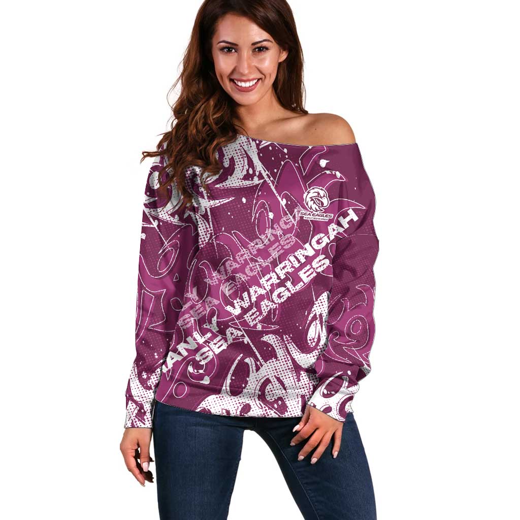 Personalized Manly Warringah Sea Eagles Rugby Off Shoulder Sweater Urban Street Graffiti Style - Distressed Splatter Elements