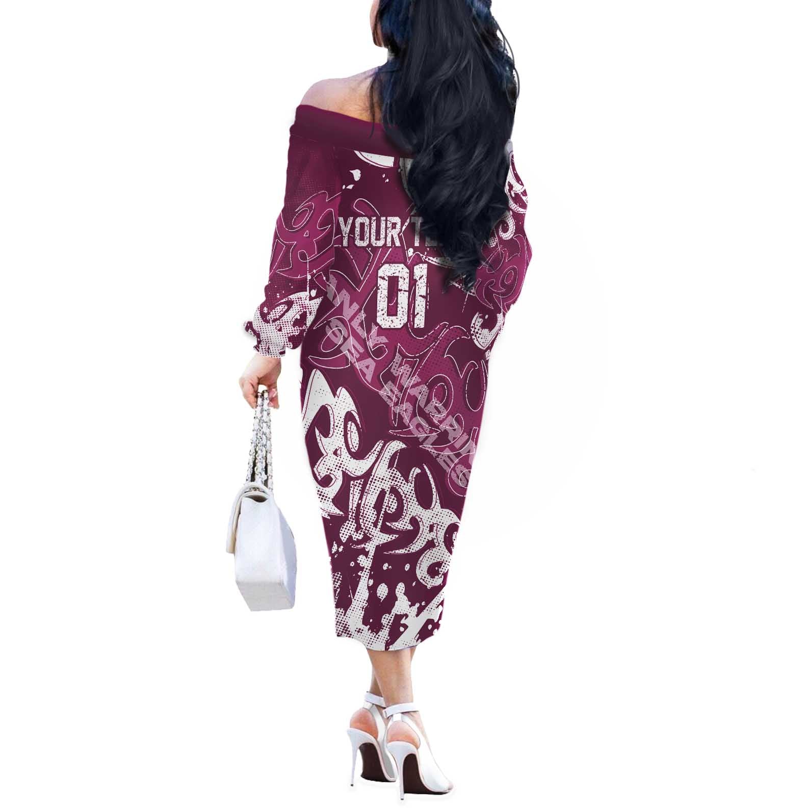 Personalized Manly Warringah Sea Eagles Rugby Off The Shoulder Long Sleeve Dress Urban Street Graffiti Style - Distressed Splatter Elements