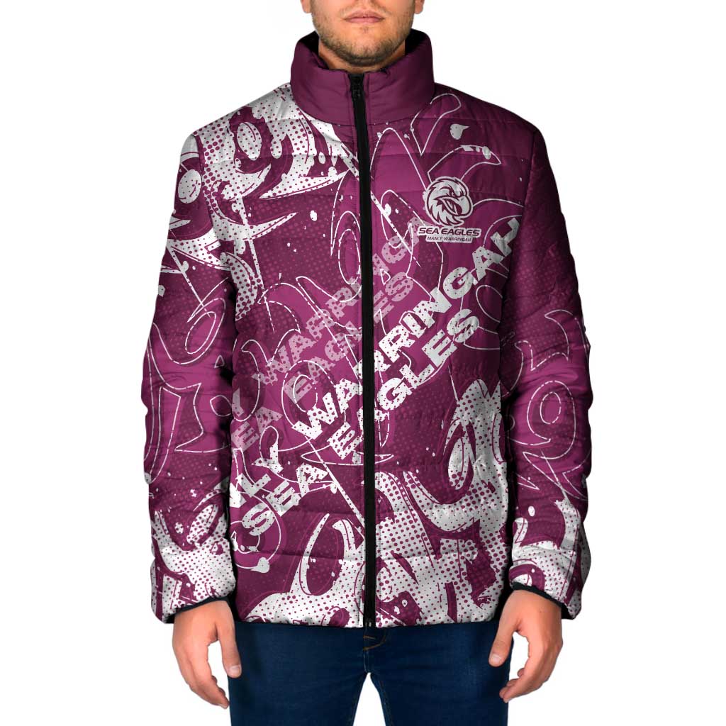 Personalized Manly Warringah Sea Eagles Rugby Padded Jacket Urban Street Graffiti Style - Distressed Splatter Elements