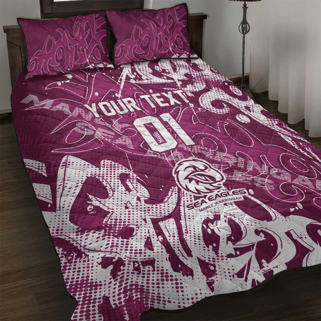 Personalized Manly Warringah Sea Eagles Rugby Quilt Bed Set Urban Street Graffiti Style - Distressed Splatter Elements