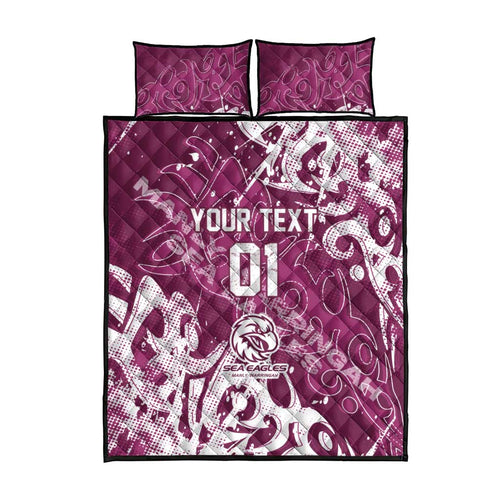 Personalized Manly Warringah Sea Eagles Rugby Quilt Bed Set Urban Street Graffiti Style - Distressed Splatter Elements