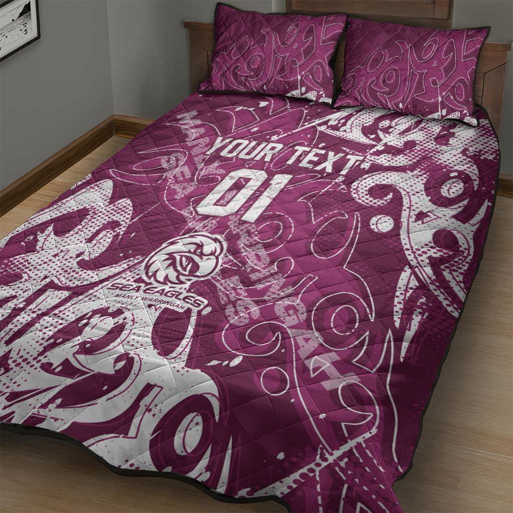 Personalized Manly Warringah Sea Eagles Rugby Quilt Bed Set Urban Street Graffiti Style - Distressed Splatter Elements