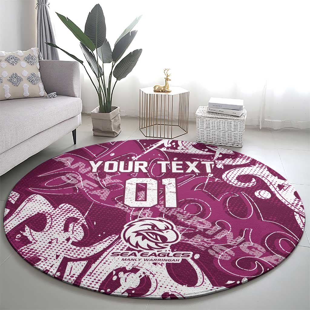 Personalized Manly Warringah Sea Eagles Rugby Round Carpet Urban Street Graffiti Style - Distressed Splatter Elements