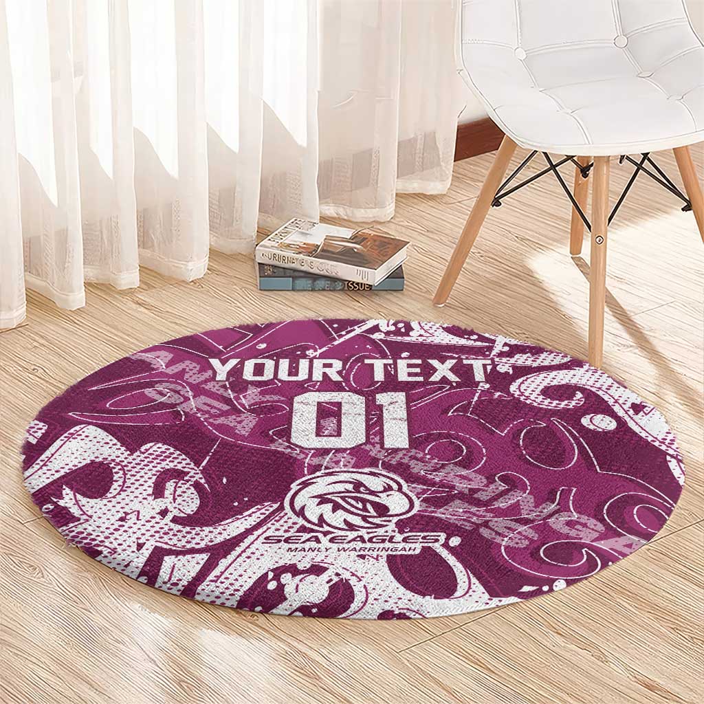 Personalized Manly Warringah Sea Eagles Rugby Round Carpet Urban Street Graffiti Style - Distressed Splatter Elements