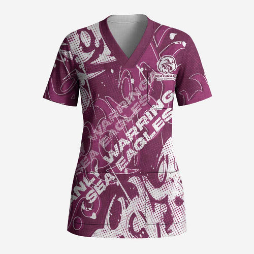 Personalized Manly Warringah Sea Eagles Rugby Scrub Top Urban Street Graffiti Style - Distressed Splatter Elements