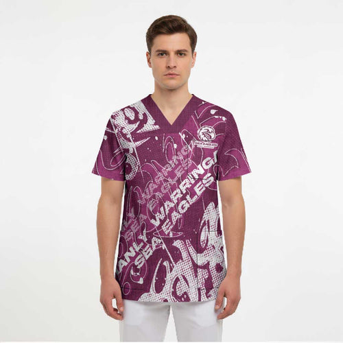 Personalized Manly Warringah Sea Eagles Rugby Scrub Top Urban Street Graffiti Style - Distressed Splatter Elements