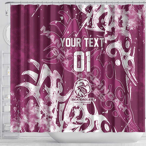 Personalized Manly Warringah Sea Eagles Rugby Shower Curtain Urban Street Graffiti Style - Distressed Splatter Elements