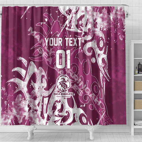 Personalized Manly Warringah Sea Eagles Rugby Shower Curtain Urban Street Graffiti Style - Distressed Splatter Elements