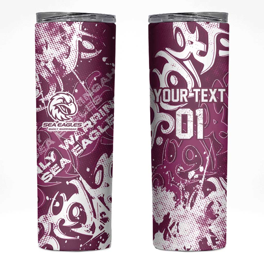 Personalized Manly Warringah Sea Eagles Rugby Skinny Tumbler Urban Street Graffiti Style - Distressed Splatter Elements