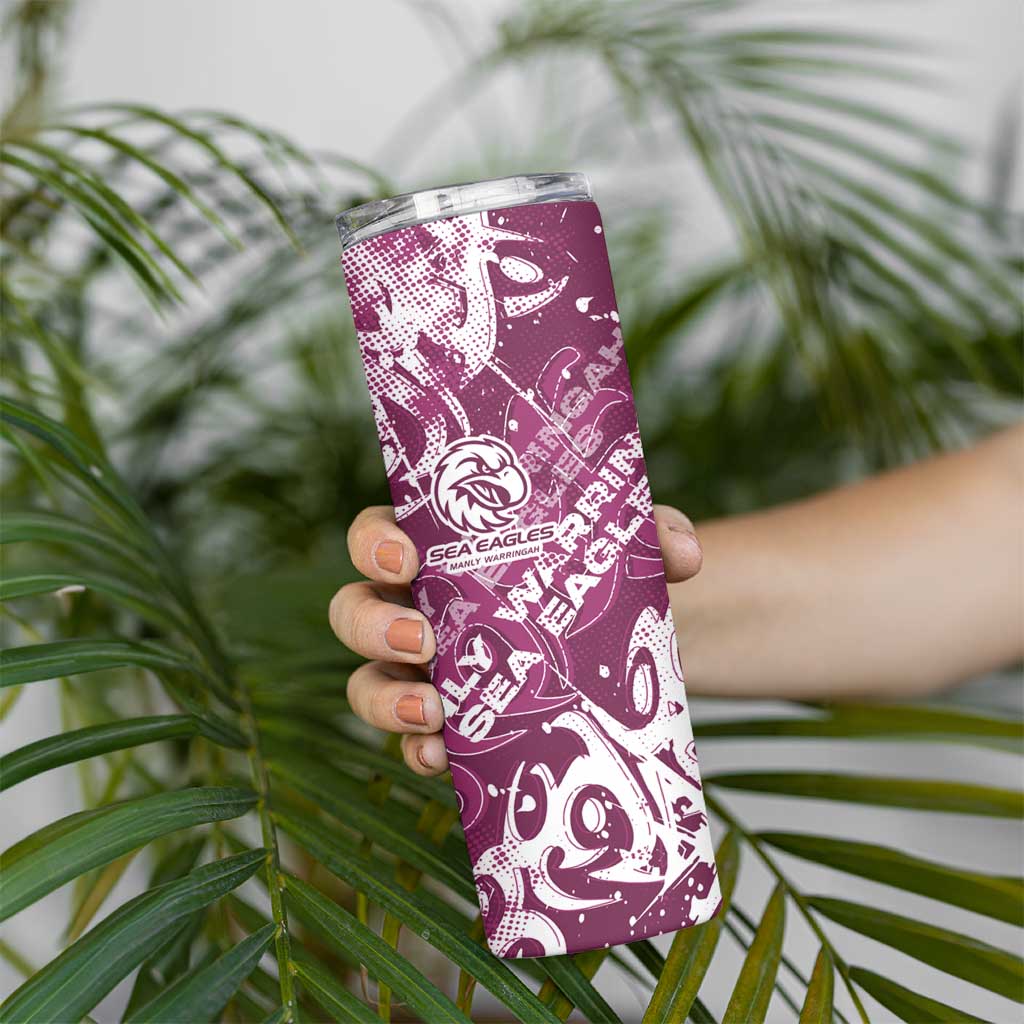 Personalized Manly Warringah Sea Eagles Rugby Skinny Tumbler Urban Street Graffiti Style - Distressed Splatter Elements