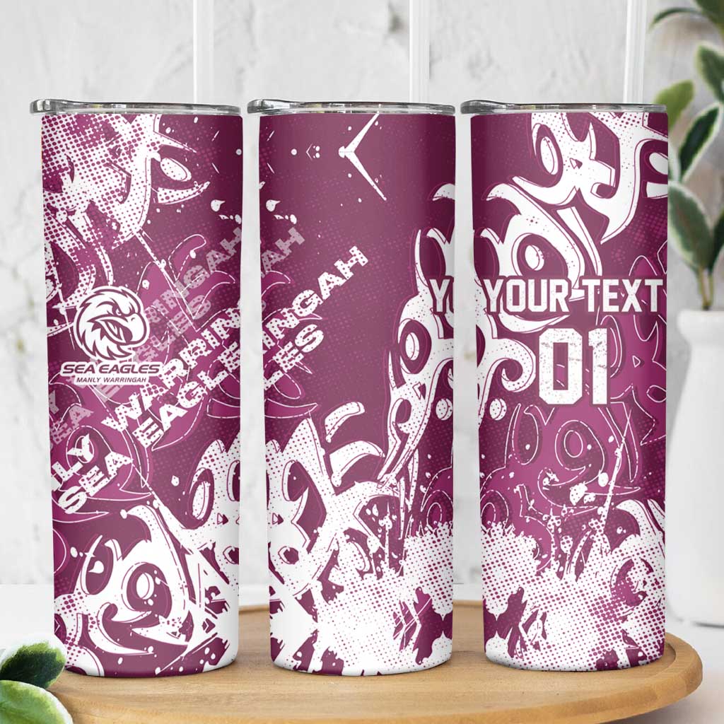 Personalized Manly Warringah Sea Eagles Rugby Skinny Tumbler Urban Street Graffiti Style - Distressed Splatter Elements