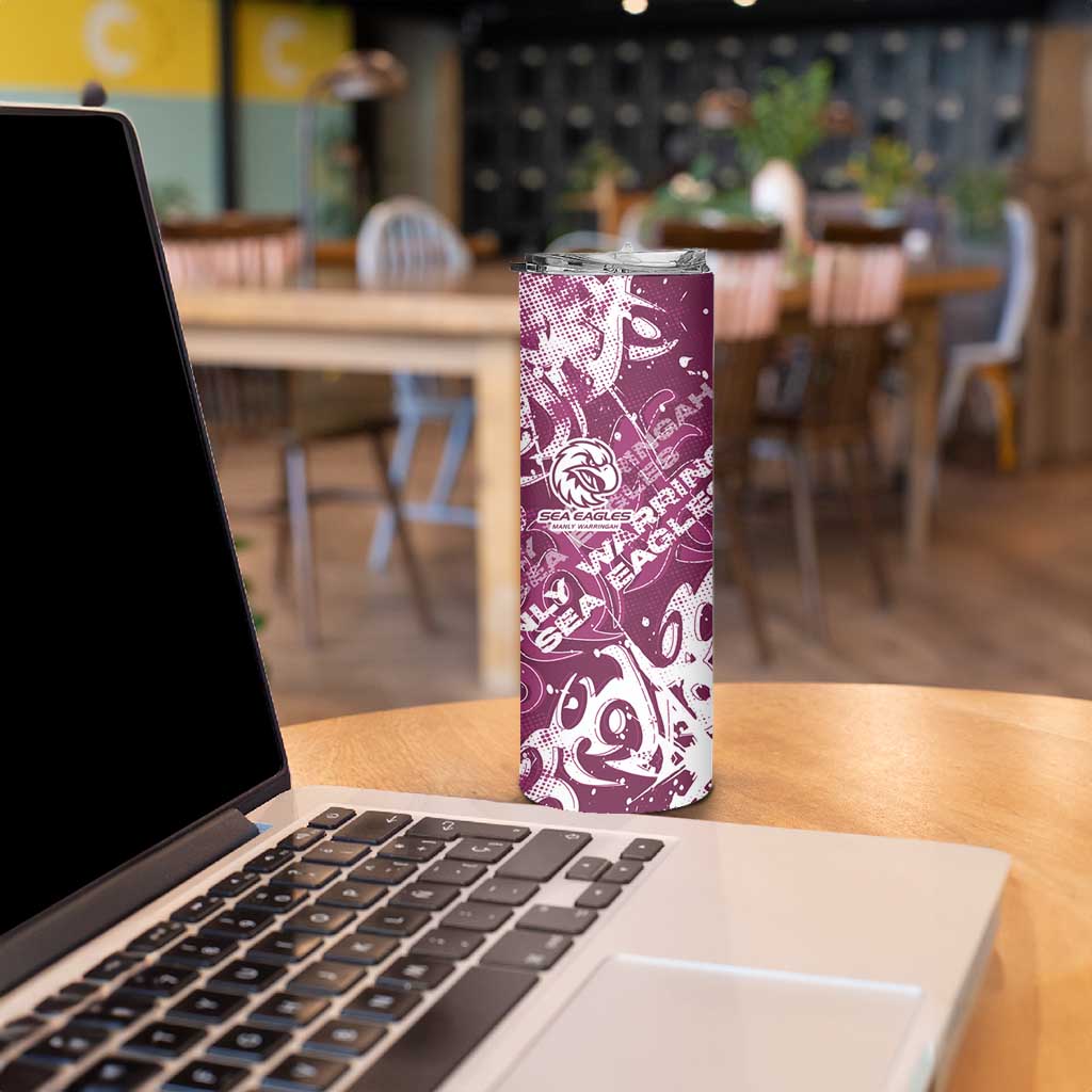 Personalized Manly Warringah Sea Eagles Rugby Skinny Tumbler Urban Street Graffiti Style - Distressed Splatter Elements