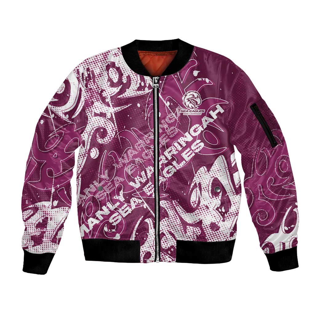 Personalized Manly Warringah Sea Eagles Rugby Sleeve Zip Bomber Jacket Urban Street Graffiti Style - Distressed Splatter Elements