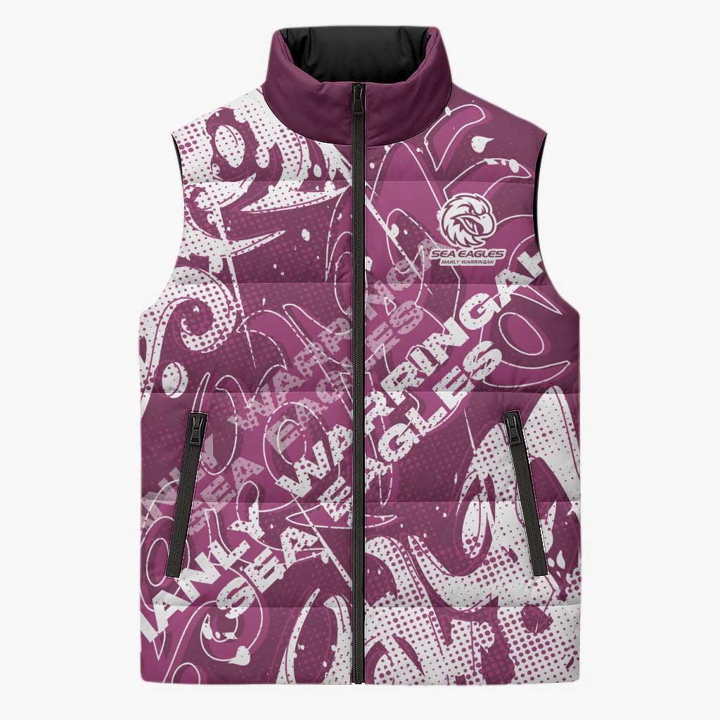 Personalized Manly Warringah Sea Eagles Rugby Sleeveless Puffer Jacket Urban Street Graffiti Style - Distressed Splatter Elements