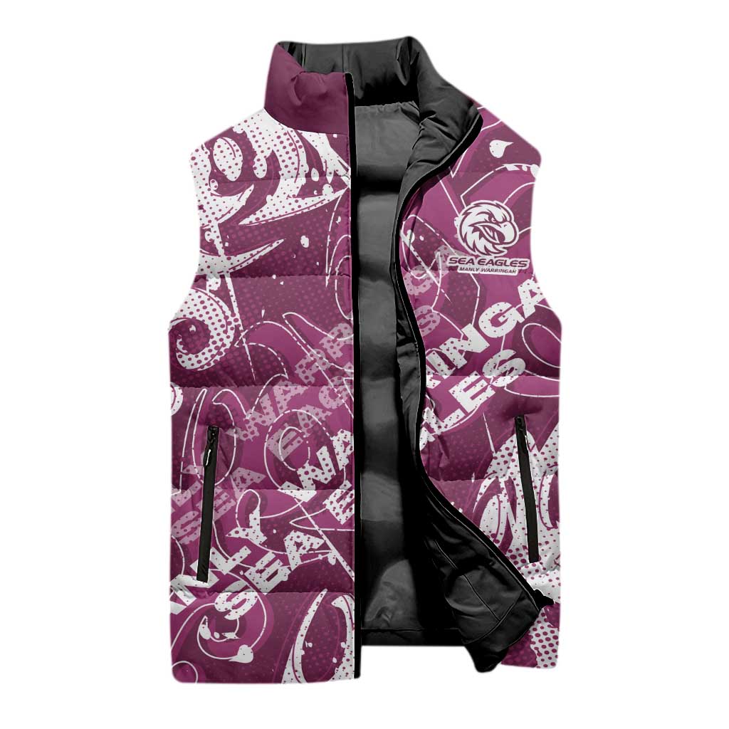 Personalized Manly Warringah Sea Eagles Rugby Sleeveless Puffer Jacket Urban Street Graffiti Style - Distressed Splatter Elements