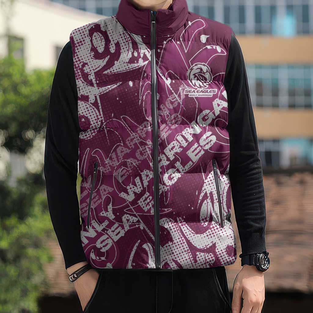 Personalized Manly Warringah Sea Eagles Rugby Sleeveless Puffer Jacket Urban Street Graffiti Style - Distressed Splatter Elements