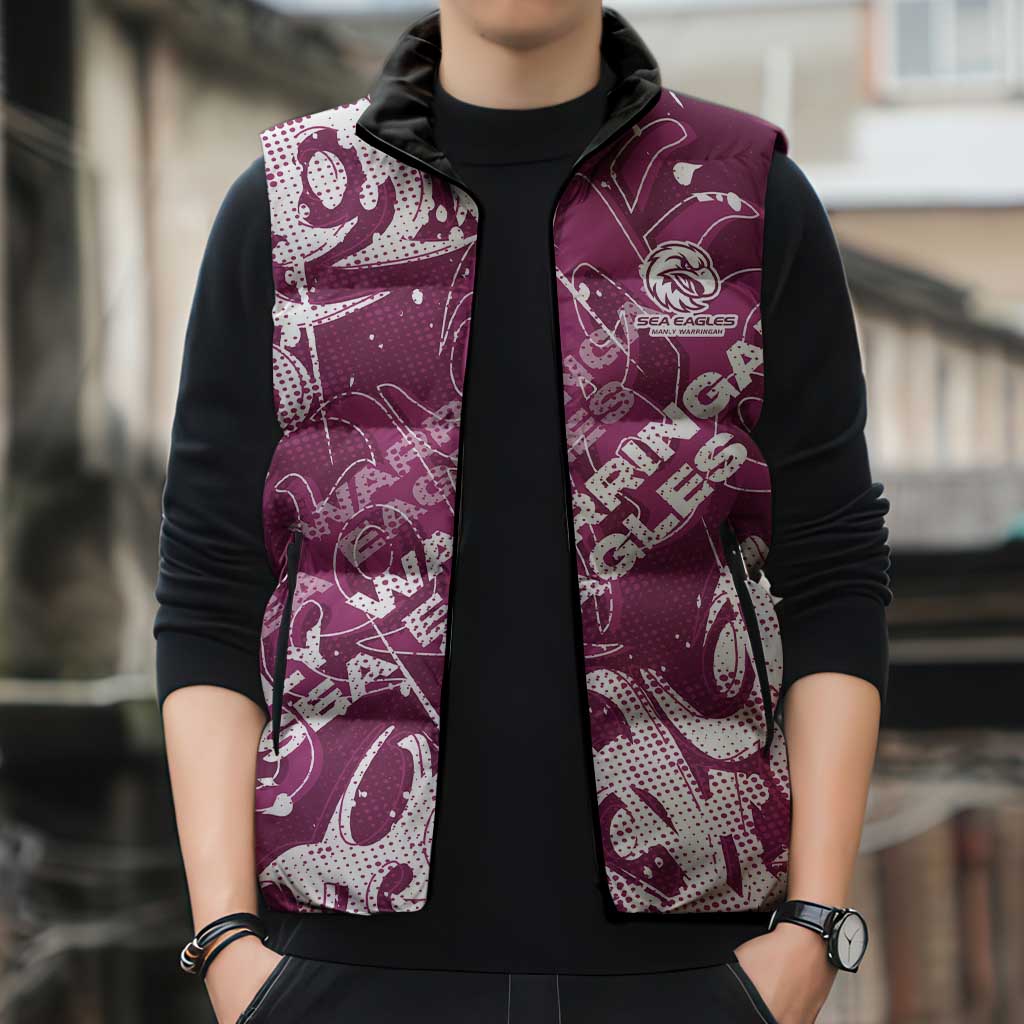 Personalized Manly Warringah Sea Eagles Rugby Sleeveless Puffer Jacket Urban Street Graffiti Style - Distressed Splatter Elements