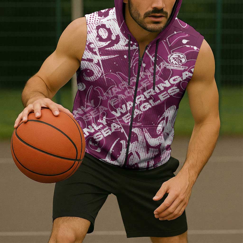 Personalized Manly Warringah Sea Eagles Rugby Sleeveless Zip Hoodie Urban Street Graffiti Style - Distressed Splatter Elements