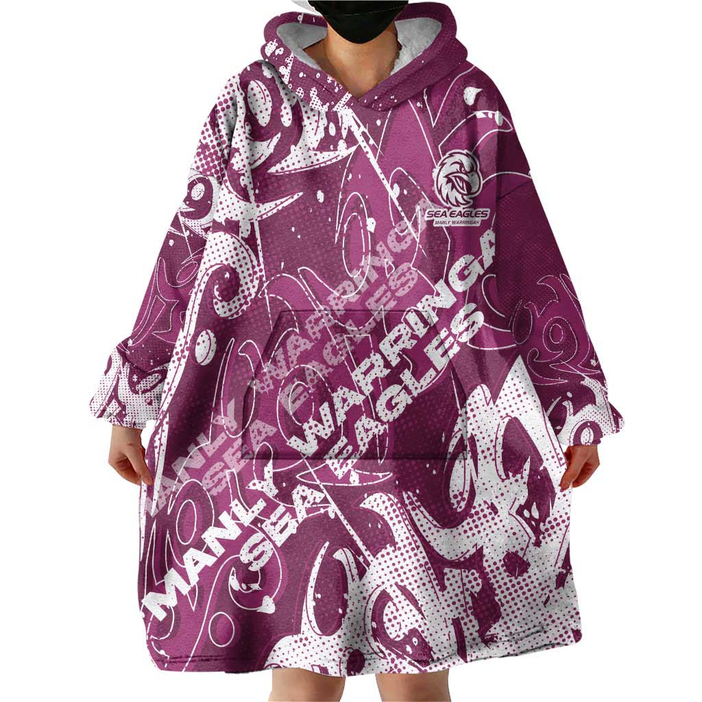 Personalized Manly Warringah Sea Eagles Rugby Wearable Blanket Hoodie Urban Street Graffiti Style - Distressed Splatter Elements